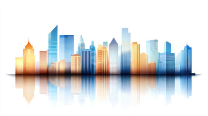 Fototapeta premium Tall building, Modern skyline with tall buildings reflecting on water, showcasing urban architecture and vibrant colors, isolate on white background