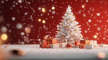 A white Christmas tree with golden decorations, surrounded by many gifts on the ground, red background, cartoon style, warm tones, high definition, high resolution, bright light and shadow, prominent 