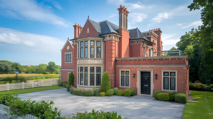Fototapeta premium Beautiful red brick mansion with elegant architectural features, lush green landscaping, and a spacious driveway, set against a serene blue sky and open fields in the background.