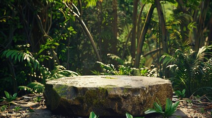 Sunlit forest clearing with moss-covered stones and a tranquil atmosphere