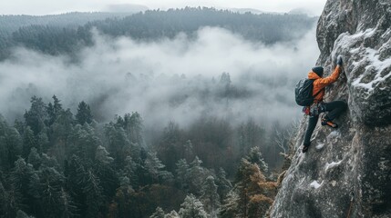Obraz premium A rock climber ascends a snowy mountain with determination amidst fog in the valley below