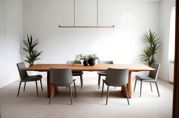 Dining room interior with natural wooden table in trendy minimal japandi style