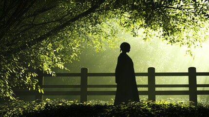 Eerie Japanese Yokai Rokurokubi Woman Silhouette Watching in Forest 3D Render Illustration