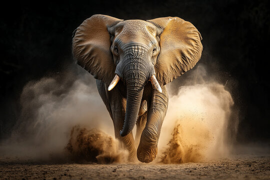 Amazing African elephant with dust and sand on black background. A large animal runs towards the camera. Wildlife scene. Loxodonta africana