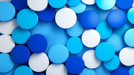 Blue and white background with many blue circles. The circles are of different sizes and are scattered throughout the background. playful and whimsical feel to it, with the blue and white colors