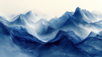 Abstract depiction of misty blue mountains creating a serene landscape.