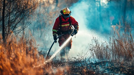 A skilled firefighter controlling the wildfire spread, using a hose and working closely with other team members to manage the emergency situation