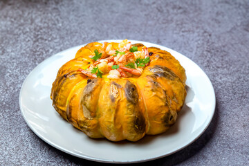 Traditional Brazilian recipe of shrimp in pumpkin, known as 