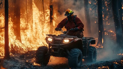 A skilled firefighter driving an ATV through a wildfire zone, quickly moving to strategic points for wildfire control and suppression, demonstrating mobility and efficiency in firefighting
