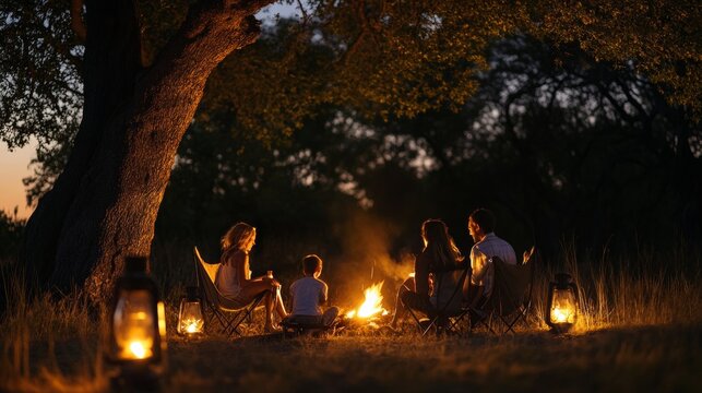 Enchanting family campfire night  relaxing under the stars with laughter and nature s serenity