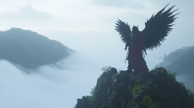 Majestic Tengu Warrior Watching Over Valley - Japanese Yokai 3D Render Illustration on Mountain Peak with Black Wings and Mist Rolling In, Ultra-Detailed Concept Artwork
