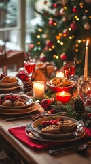 Fototapeta premium A beautifully set Christmas dinner table with candles 