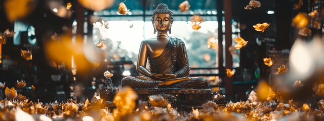 Tranquil Scene of a Golden Buddha and Krathongs on Loy Krathong.Concept of tradition, spirituality, cultural heritage, Thai culture, Buddhism, and the Loy Krathong festival,Tourism, religious practice