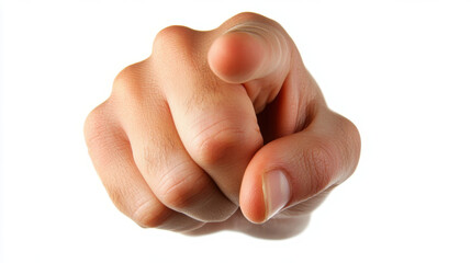Hand gesture, hand pointing directly at viewer, conveying sense of urgency and engagement, isolate on white background