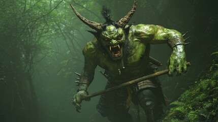 Fototapeta premium Sinister Japanese Yokai Oni Demon in Misty Forest - Ultra-Detailed 3D Render Illustration