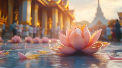 Krathongs Adorn the Ground: A Moment of Serenity at the Thai Temple.Concept of tradition, spirituality, cultural celebration, peace, and tranquility, tourism, hospitality, cultural heritage preservati