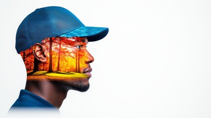 Man's face is painted with trees and leaves, and he is wearing a blue hat. The image has a peaceful and calming mood, as the trees and leaves create a serene and natural atmosphere