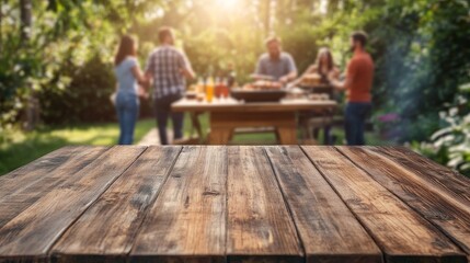 Outdoor summer bbq gathering with blurred people and a rustic wooden table in the garden
