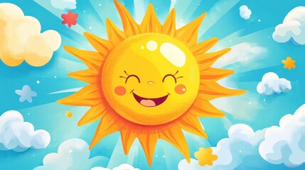 A cartoon sun with a smiling face and bright rays, set against a blue sky with fluffy white clouds.