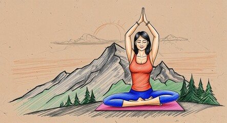 Hand drawing clipart of a yoga instructor woman practicing poses on a mountaintop