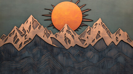 A Kurdish-style sun peeks over the Sawtooth mountains in this letterpress laser cut background
