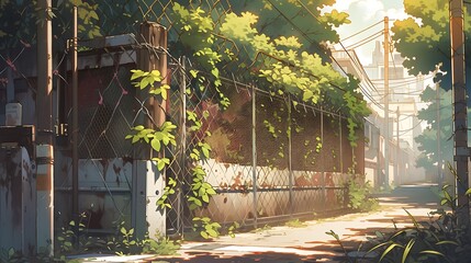 old iron wire fence is covered in moss and has holes, leaving holes in the modern cityscape, colorful anime style