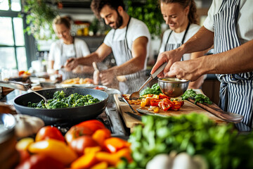 Multiracial group attending a cooking class and learning to make a new dish