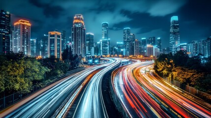 A sustainable smart city at night, with modern architecture, advanced transportation, and energy-efficient systems lighting up the skyline, showcasing a futuristic and eco-friendly urban environment