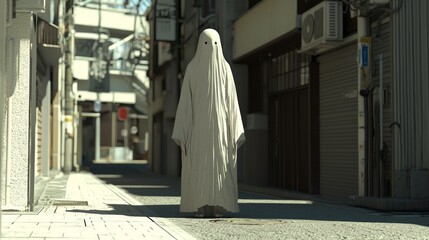 Naklejka premium Eerie 3D Render of Japanese Noppera-bo Yokai Observing Bustling City Street - Ultra-Detailed Haunting Figure with Unseen Face