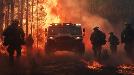 Fototapeta premium A tactical unit of firefighters working together to contain a wildfire, using technology like drones, ATVs, and mobile command centers to control the situation