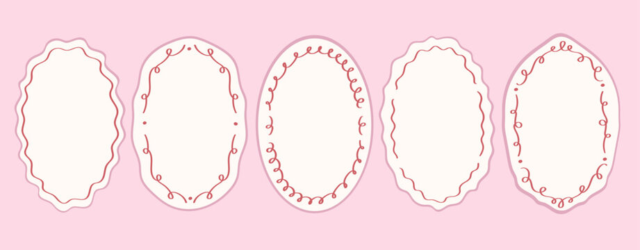 Oval whimsical wavy scallop frame with bow tie in doodle trendy style. Border with elegant outline loop for greeting cards. Pink color
