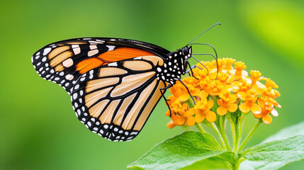 Obraz premium Macro shot of insect, vibrant monarch butterfly perched on bright orange flowers, showcasing its intricate patterns against soft green background