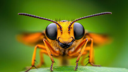 Macro shot of insect, close up of vibrant orange insect with large black eyes, showcasing intricate details and textures against soft green background