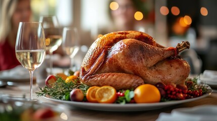 A tech-driven Thanksgiving dinner scene, with a couple at a dining table, enjoying a turkey cooked using smart kitchen appliances and digital cooking tools