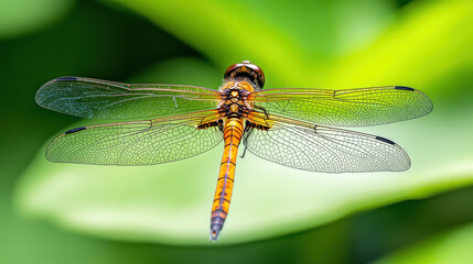 Macro shot of insect, vibrant dragonfly with intricate wings, showcasing its detailed body against lush green background, captures beauty of nature