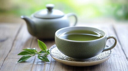 Fototapeta premium A traditional cup of green tea served in a small ceramic teapot, representing the calming and healthful properties of tea