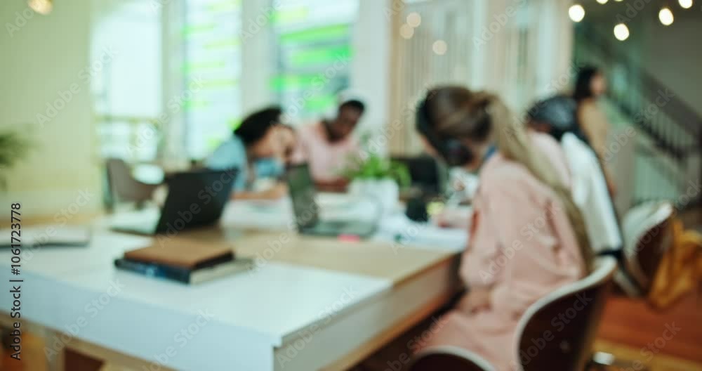 Poster school, students and blur of people in library with laptop for research for assignment, project and 