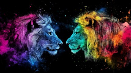 A vibrant abstract watercolor illustration of animals like lions and wolves, with splashes of bold colors on a black background, creating a striking contrast and modern feel