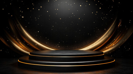 Fototapeta premium Black friday banner background with a podium platform; black and gold stuff on a dark scene for product stand