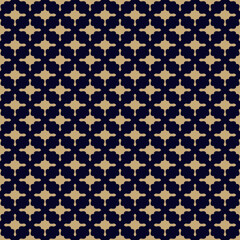 Elegant golden geometric seamless pattern. Abstract vector ornament texture with curved shapes, crosses, lattice, repeat tiles. Simple black and gold background. Luxury geo design for decor, cover