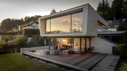 Fototapeta premium Modern house with large glass windows and a wooden deck, surrounded by greenery, reflecting a sunset glow, showcasing contemporary architecture and outdoor living space.