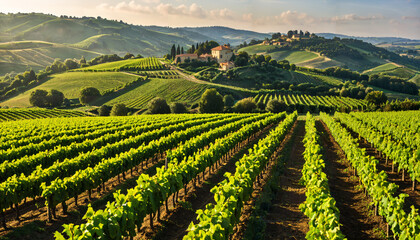 Naklejka premium Paysage de vignobles au coucher du soleil
