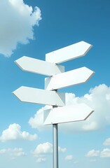 An image of directional signposts pointing in different directions against a bright blue sky