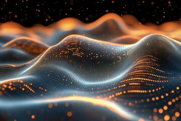 Futuristic digital landscape with flowing silver and gold wave patterns. Generative AI