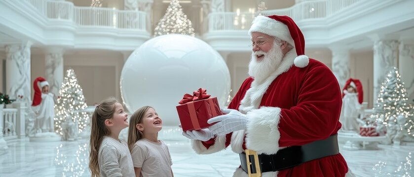 A joyful Santa Claus presents a gift to two delighted children in a festively decorated winter wonderland.