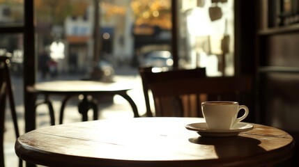 Serene coffee shop atmosphere with a focus on an empty wooden table in a blurred background