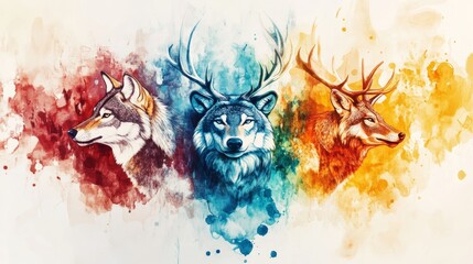 Naklejka premium An abstract wildlife art piece with animals like wolves and deer, rendered in vivid watercolor colors that splash and blend, creating a dreamlike, surreal atmosphere