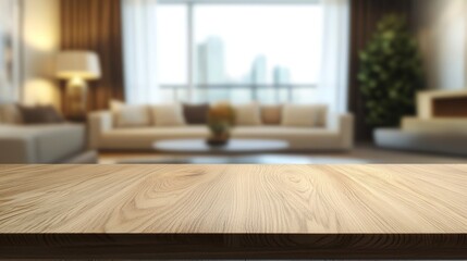 Empty wooden table top with warm holiday living room decor and blurred christmas tree background