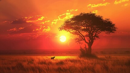 Fiery orange sunset over an African savanna with a silhouette of a tree