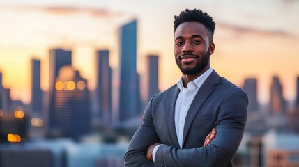 An entrepreneur standing confidently in front of a city skyline at dusk, with the modern urban landscape representing ambition, success, and leadership